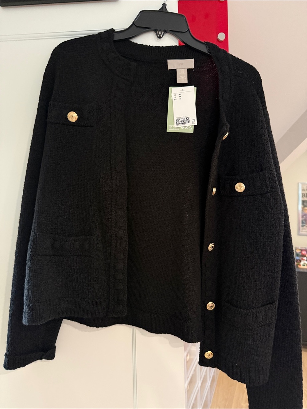 Black Knit Open Cardigan with Gold Buttons